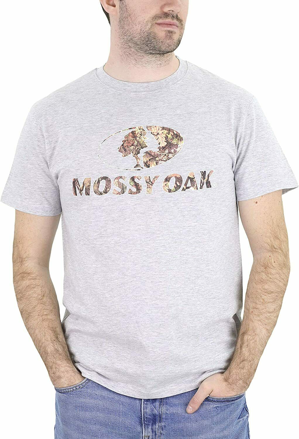 Mossy Oak Men's Grey and Camo Front Logo Short Sleeve Shirt Size: L