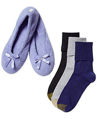 Gold Toe Womens 3-pk. Turn-Cuff Socks + BONUS Black Slippers (Large)
